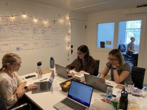 two interns working in the office with liz