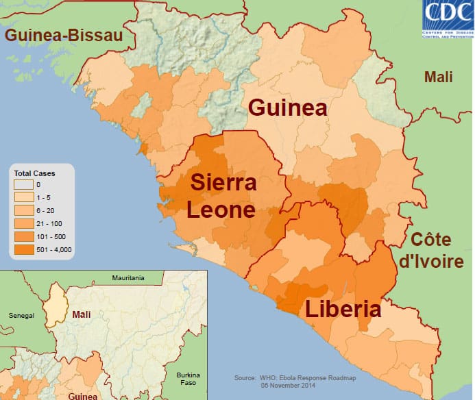 Courtesy: http://www.cdc.gov/vhf/ebola/outbreaks/2014-west-africa/distribution-map.html